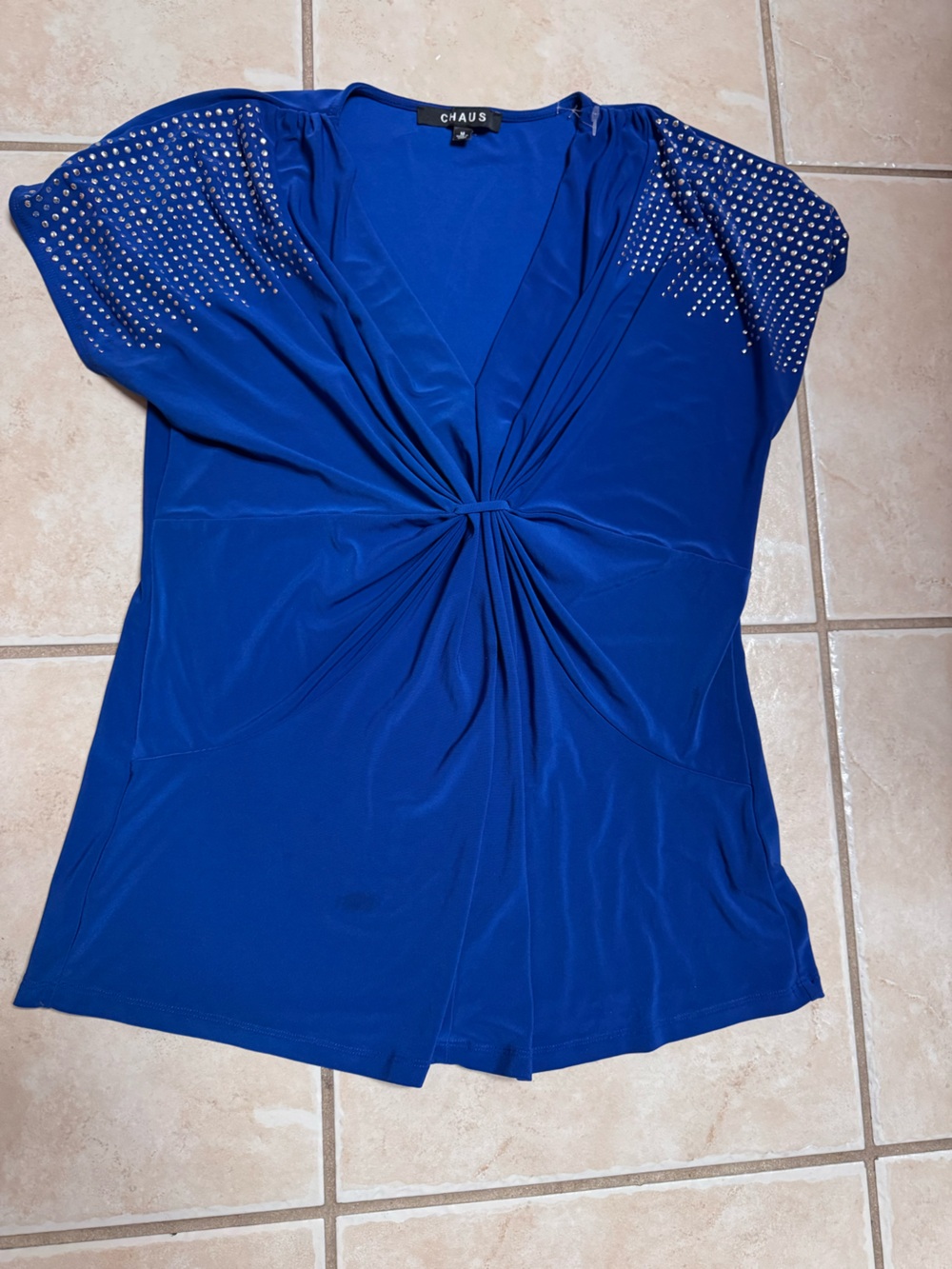 Chaus Blue Twist-Front Short Sleeve Top with Studded Shoulders